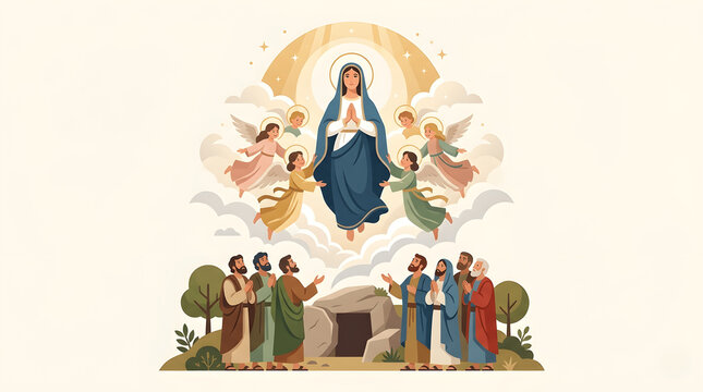Assumption of Mary Vector Illustration with Blessed Virgin Mary Ascending to Heaven, Angels, Glowing Halo, and Apostles Praying and Witnessing from Earth