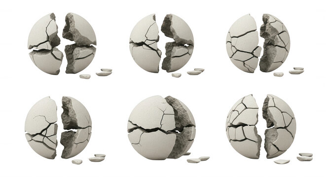 six broken spheres isolated on a white backdrop symbolizing fragility damage concept for designs about destruction or innovation