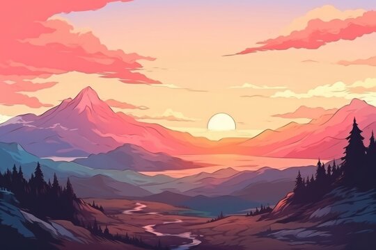 Sunset behide Mountain landscape backgrounds panoramic.