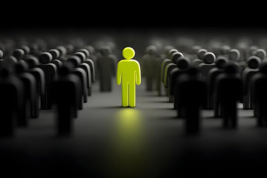 A single radiant yellow figure stands out among a dark, blurred crowd representing leadership and individuality