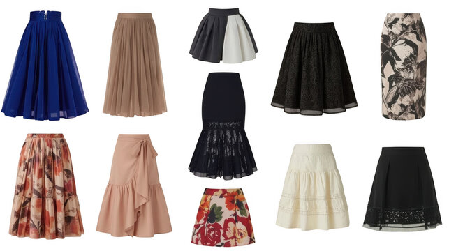 Collection of fashionable women skirts in various styles, lengths, and elegant designs.