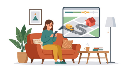 Fototapeta premium Young woman tracking package delivery on smartphone from living room sofa flat vector illustration