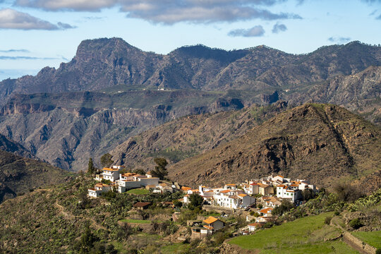 View of the village of Tejeda nestled among the rugged volcanic mountains and green slopes under a clear blue sky in Tejeda, Canary Islands, Spain.
