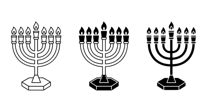 Hanukkah Menorah Vector Icons, Three Styles: Outline, Black, White, Jewish Holiday Symbols