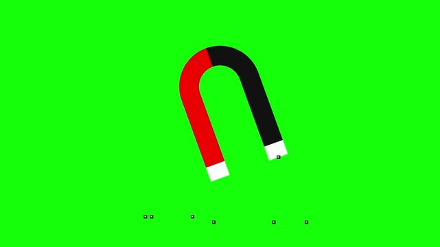 Red and black horseshoe magnet graphic on a solid green background with white tips, depicting magnetism, physics, and attraction in a minimalist 2D digital illustration style.