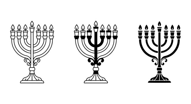 Hanukkah Menorah Vector Icons, Traditional Jewish Holiday Candle Holders, Festive Celebration Symbols