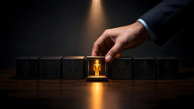 Business hand selecting glowing human figure icon among dark cubes for recruitment and talent acquisition concept