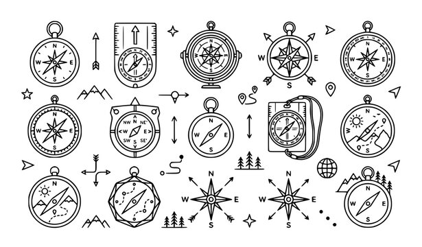 Vintage and Modern Navigation Compass Vector Icon Set with Map Navigation Direction and Outdoor Adventure Line Art Elements for Designs