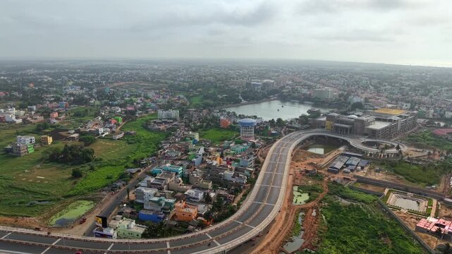 Aerial View of Puri City and Highway Infrastructure, Odisha, India