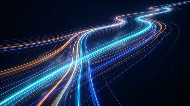 Abstract blue and orange light trails moving fast on a dark background representing speed and modern digital technology