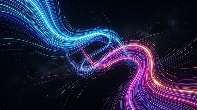 Abstract blue and purple light trails moving fast in a dark space creating a modern digital wave energy background