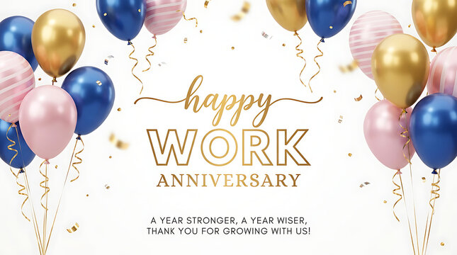 Gold and blue balloons with confetti happy work anniversary