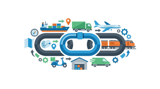 Supply chain resilience concept illustrating integrated logistics network and global transportation systems flat vector illustration.