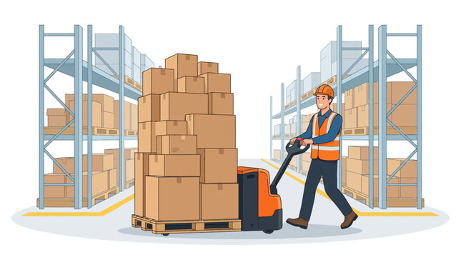 Professional warehouse worker pulling a pallet jack with boxes in a distribution center flat vector element.