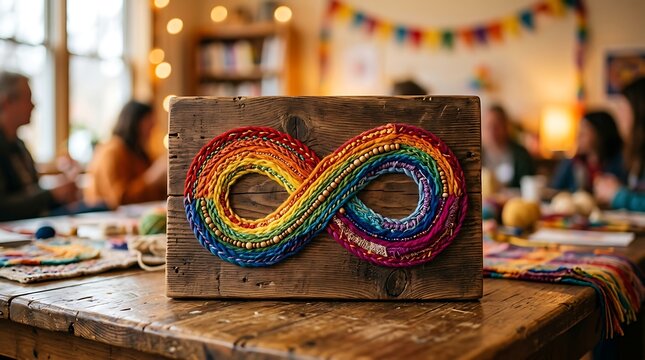 Rainbow infinity symbol on wooden block in a creative workshop