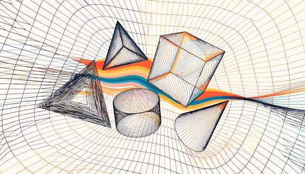 Abstract Wireframe Geometric Shapes & Abstract Flowing Lines, Futuristic Grid Background
