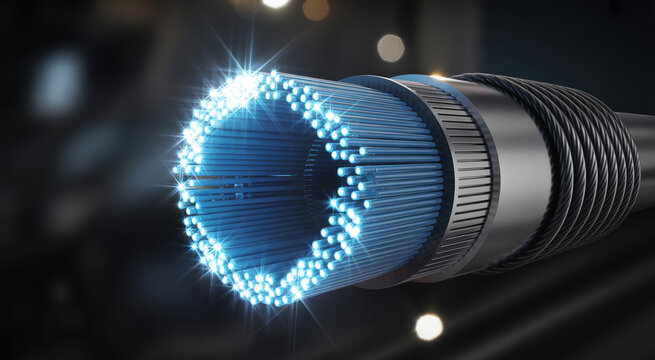 Industrial fiber optic cable cross section with blue glowing light strands representing high speed data transfer network tech.