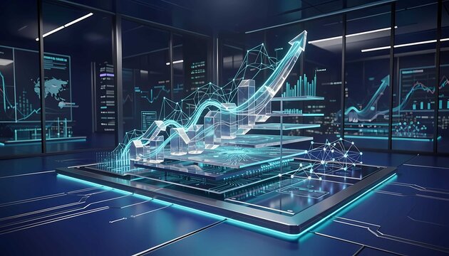 3D futuristic glass chart showing financial growth and data analytics