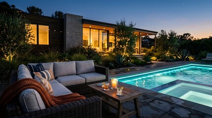 Fototapeta premium Modern luxury home exterior with illuminated swimming pool at twilight