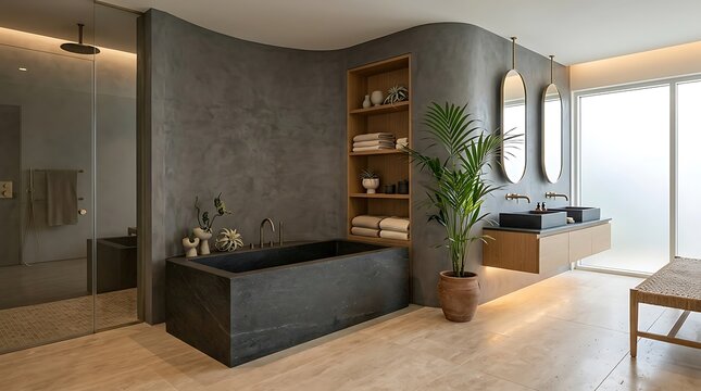 Modern luxury bathroom interior with a large black bathtub and wooden accents featuring a tall green plant in a home