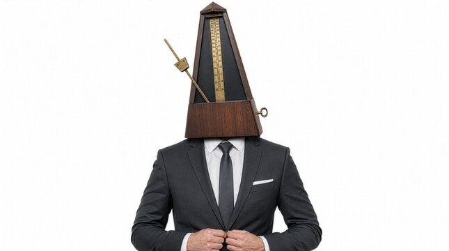 Businessman with giant metronome head isolated for work rhythm and deadline pace concept