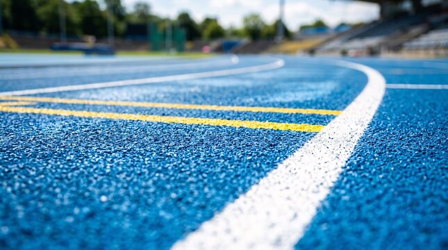 Close-up perspective of an athletic running track painted a striking azure blue color with crisp white and yellow lane dividing line marks.