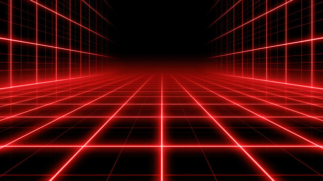 Glowing red laser grid futuristic digital tunnel dark abstract background perspective perspective lines neon light effect scanning beam grid floor wireframe room 3d render cyber space