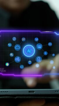 Businessman finger vertical shot touching glowing transparent glass screen displaying AI artificial intelligence node connection network. Generative AI processing and neural network system concept.