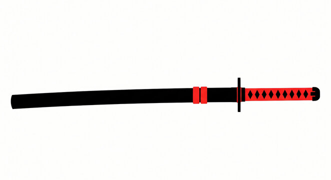 A traditional Japanese katana sword with a black scabbard and red handle isolated on white background.