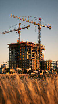 Towering Progress: Towering cranes orchestrate the construction of a modern high-rise building against a backdrop of warm sunset hues, framed by golden grasses in the foreground.