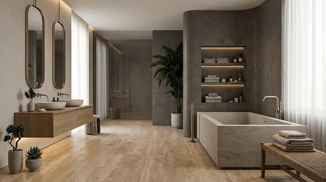 Modern luxury bathroom interior with a large bathtub double vanity sinks and stylish dark grey wall decor in a home