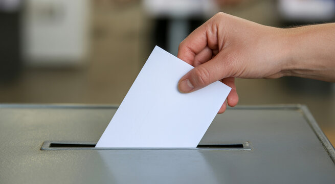 Human hand inserting white ballot paper into metal election box for democratic voting process concept during public polls.