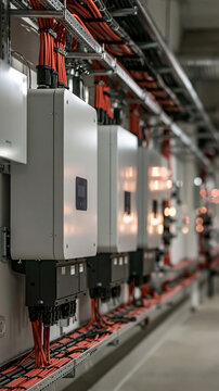 Row of Solar Inverters: Modern solar energy inverters lined up neatly in an industrial setting, showcasing efficient power conversion technology with prominent red cables.