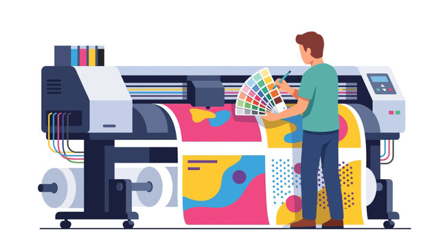 Professional printer technician calibrating color on large format digital press in print shop flat vector element