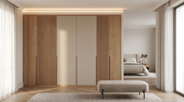  Modern built-in wardrobe with minimalist closed doors and elegant bedroom interior