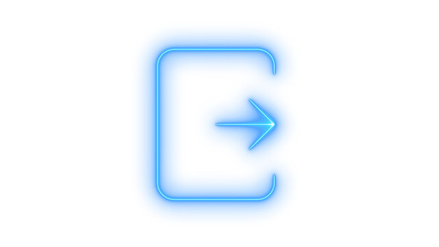 Glowing neon exit or logout icon isolated on transparent background. Emergency door sign. Right arrow pointer. Sign out symbol. UI navigation.
