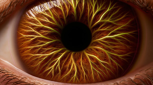 Extreme macro close up of human iris in warm brown eye detail with vivid radial pattern and dark pupil