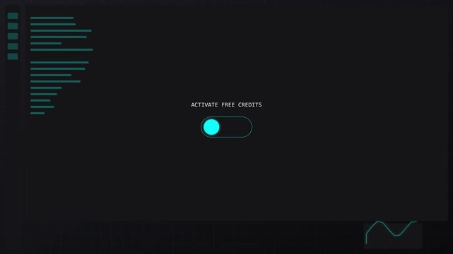 Futuristic digital user interface with a cyan neon toggle switch to activate free credits on a dark background featuring HUD data elements and a line graph