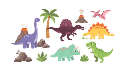 Cute dinosaur vector illustration set with cartoon prehistoric animals, volcanoes, palm trees, and plants isolated on white background. © Ruma