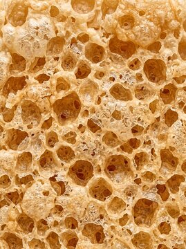 Detailed macro food texture in a potrait orientation captures an organic golden porous surface for culinary branding, website backgrounds, and creative design templates.