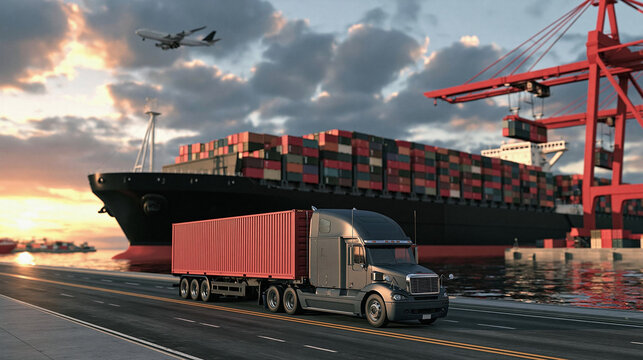 Global Shipping Hub: A massive cargo ship laden with containers sits at a bustling port, ready for transport. A semi-truck waits on the asphalt road, poised to load.