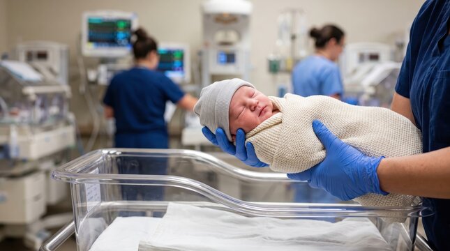 Nurse holding a swaddled newborn baby in a hospital nursery unit safely.