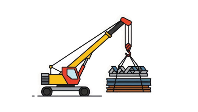 Construction Crane Lifting Heavy Materials. Industrial Site Equipment Icon. Flat Line Vector Illustration.