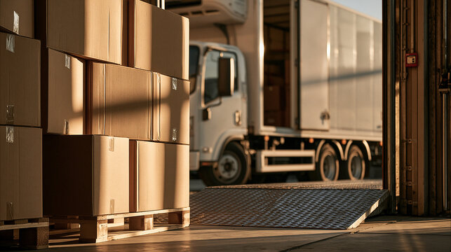 Warehouse Loading Dock: Cardboard boxes are stacked high on a loading dock, with a refrigerated truck parked nearby, ready for dispatch.