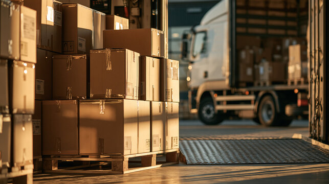 Logistics Hub: Cardboard boxes stacked on wooden pallets await loading onto a semi-trailer truck at a bustling logistics facility, capturing the essence of global shipping and delivery operations.