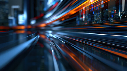 Fototapeta premium Abstract motion light streaks in dark futuristic tunnel with blue orange glow and blurred speed effect for dynamic technology background