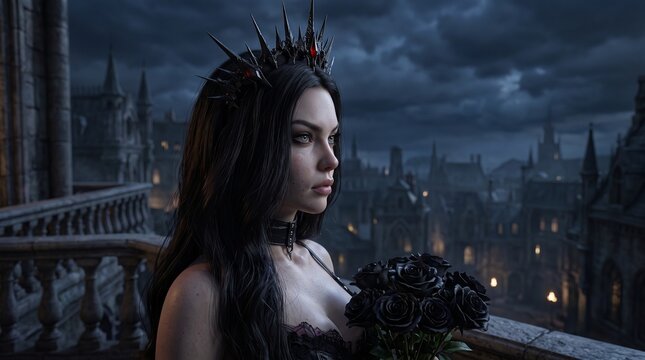 Dark fantasy portrait of a beautiful gothic woman wearing a crown and holding black roses against a gloomy atmospheric sky
