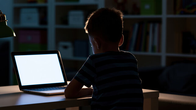Child online learning from home, laptop glow in dark room