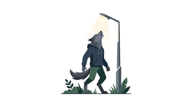 Stylish anthropomorphic werewolf howling under a glowing street lamp nocturnal flat vector element