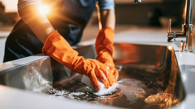 Hand washing dishes in kitchen sink with sponge and soap. Person wearing gloves scrubbing pot in sink. Sun flare in background.